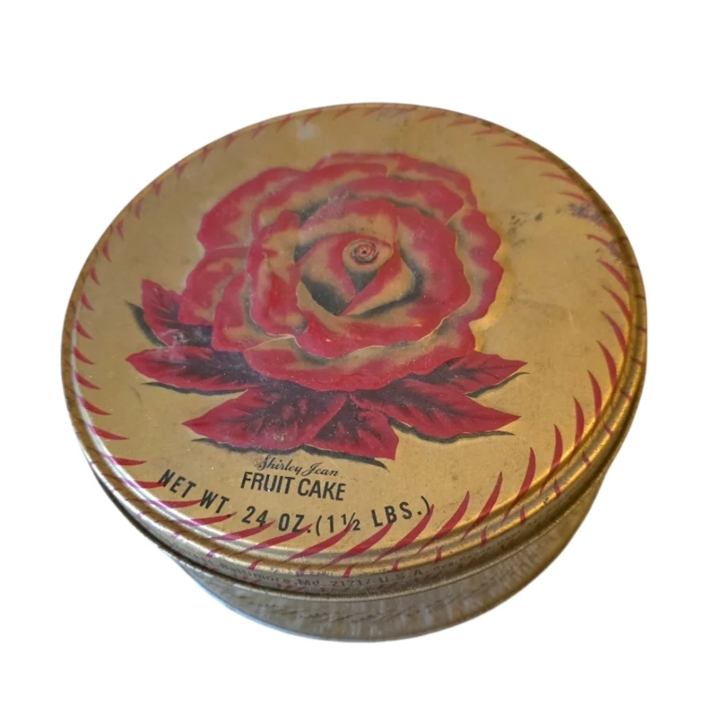 Vintage Fruit Cake Tin with Red Rose Design Shirley Jean Fruitcake Advertising